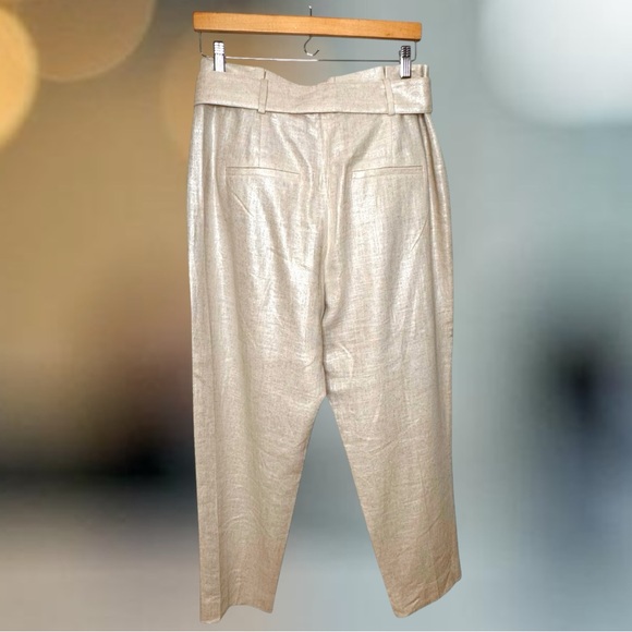 Veronica Beard Pants ZELLY Metallic Beige High Waist Pleat Linen Blend Pants 12 - Picture 3 of 10